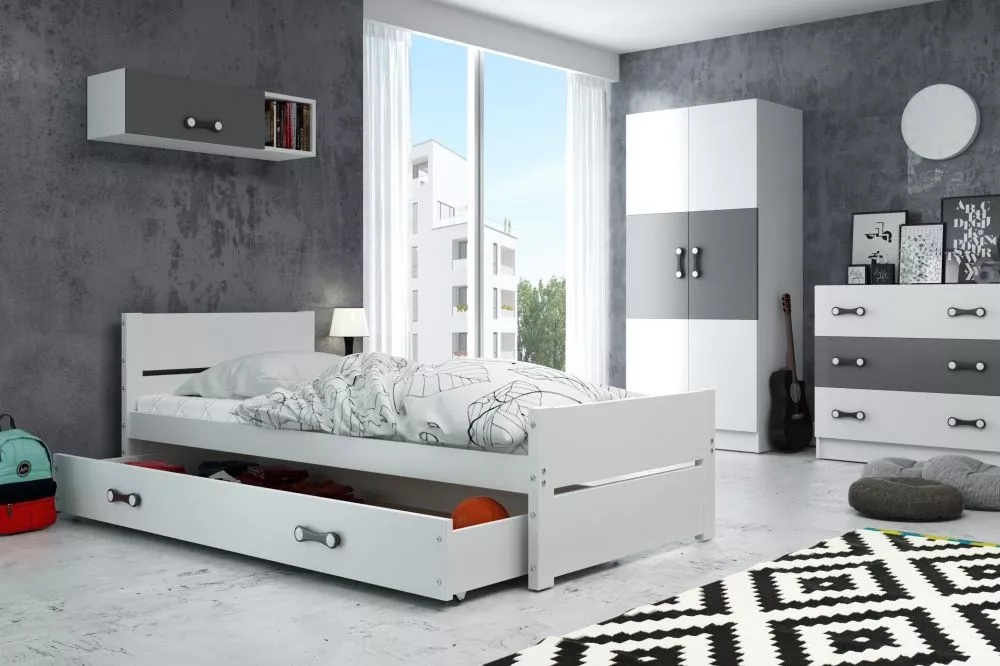 Bērnu gulta Bartek Classic ar stelāžu Guļamvietas platums: 90 cm, Guļamvietas garums: 200 cm, · Balts · 97 × 206 × 68 cm