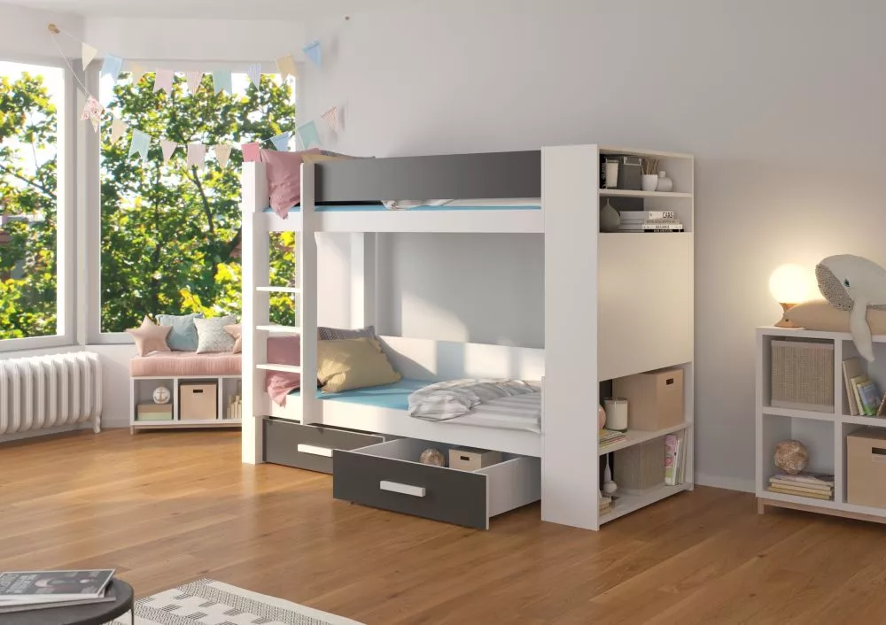 Gulta Garet ar stelāžam Guļamvietas platums: 90 cm, Korpusa krāsa: balts, Guļamvietas garums: 200 cm, stelāžas tips: kok