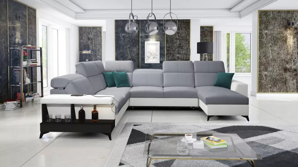 Dīvāns Belutti 8 Satin Black Standard ar LED · Pelēks + balts · 288 × 362 × 84 cm