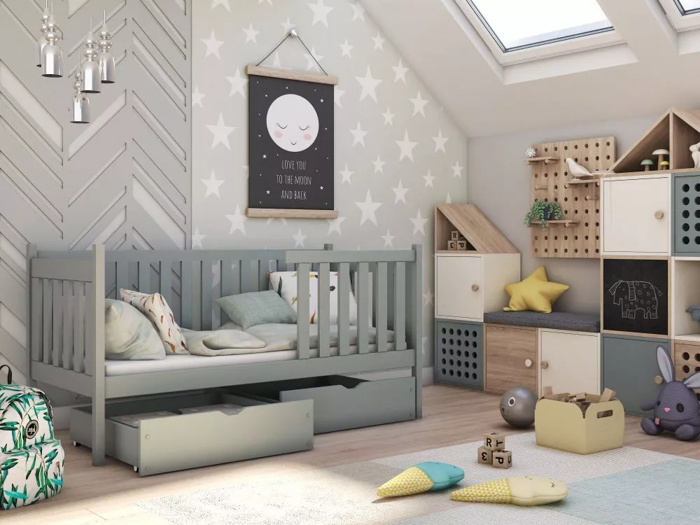 Bērnu gulta Alicja Premium ar stelāžu Guļamvietas platums: 80 cm, Guļamvietas garums: 180 cm, · Pelēks · 87 × 188 × 96 c