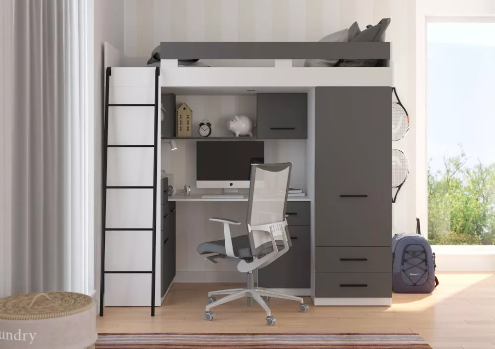 Divstāvu gulta Smyk L ar stelāžu Guļamvietas platums: 80 cm, Guļamvietas garums: 200 cm, · 110 × 204 × 188 cm
