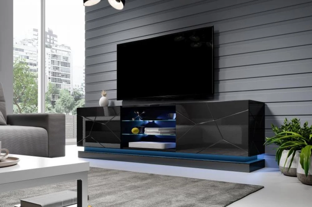TV tumba Qiu ar LED · Melns · 200 × 40 × 57 cm