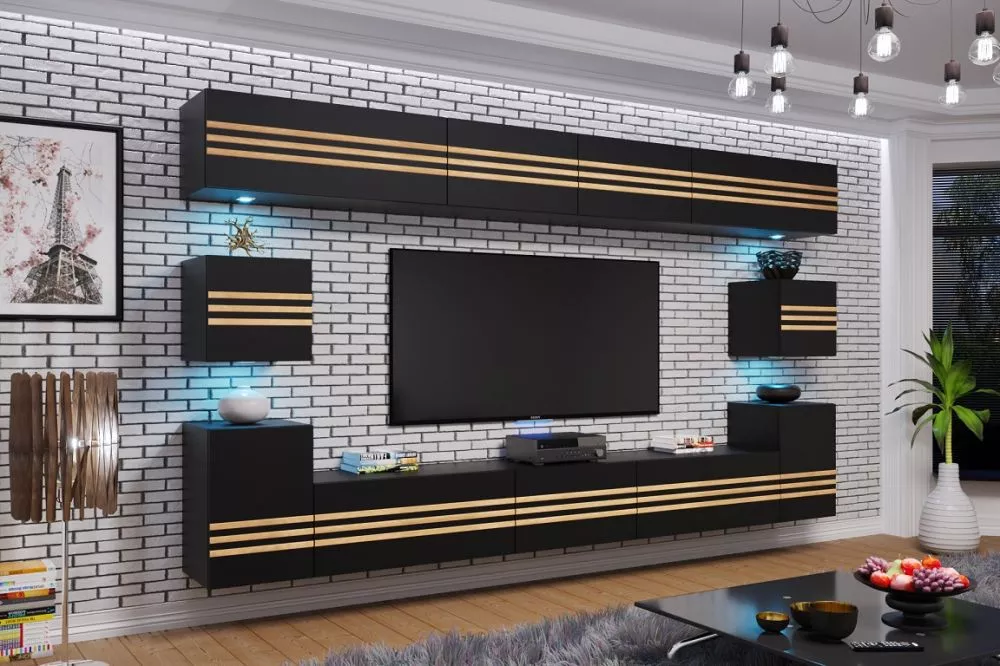 Sekcija Vitoria ar LED · Melns · 257 × 35 × 210 cm