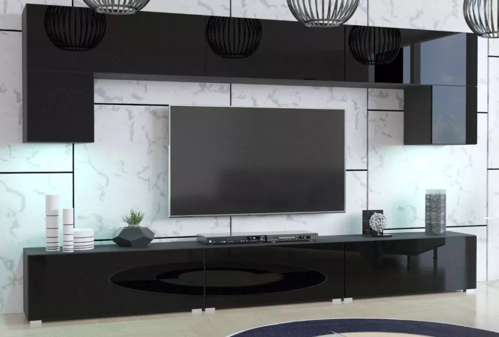 Sekcija Next 70 gloss ar LED · Melns · 242 × 35 × 174 cm