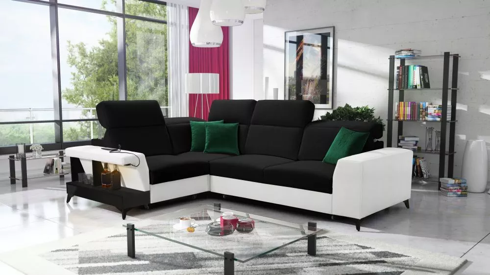 Dīvāns Belutti 2 Satin Black Standard ar LED · Melns + balts · 212 × 288 × 84 cm