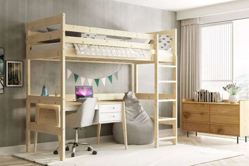 Bērnu gulta Antresola 90x200 ar stelāžām Guļamvietas platums: 90 cm, Guļamvietas garums: 200 cm, · Priede · 97 × 205 × 2