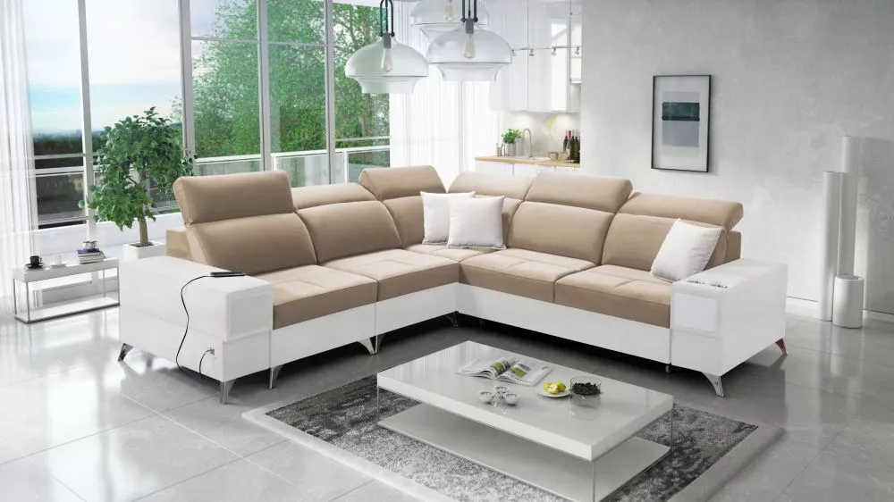 Dīvāns Deus 3 Premium Standard · Gaiši brūns + balts · 284 × 286 × 83 cm