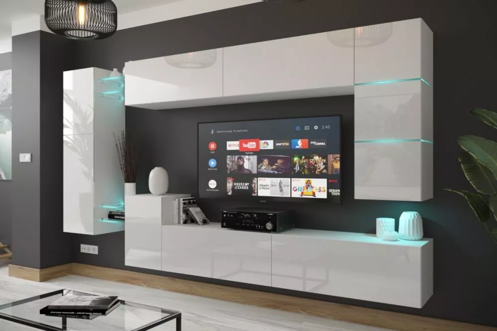 Sekcija Next AN90 gloss ar LED · Balts · 290,6 × 35 × 174 cm