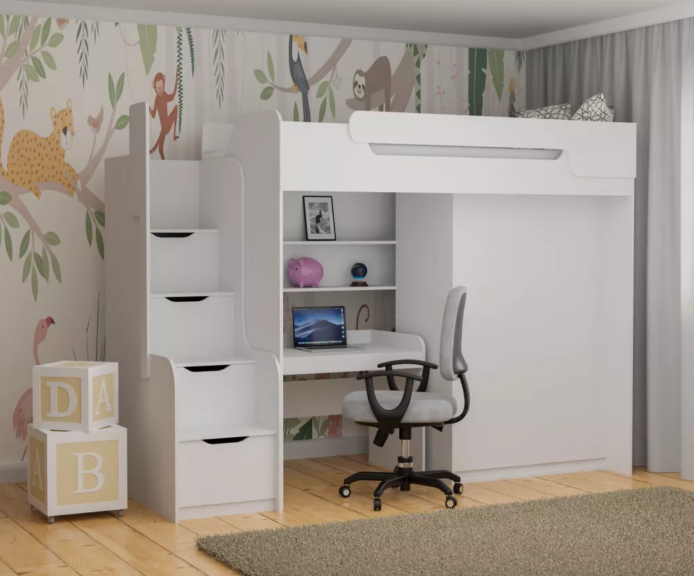 Bērnu gulta Dorian 3 90x200 ar stelāžu Guļamvietas platums: 90 cm, Guļamvietas garums: 200 cm, · 104 × 260 × 187 cm