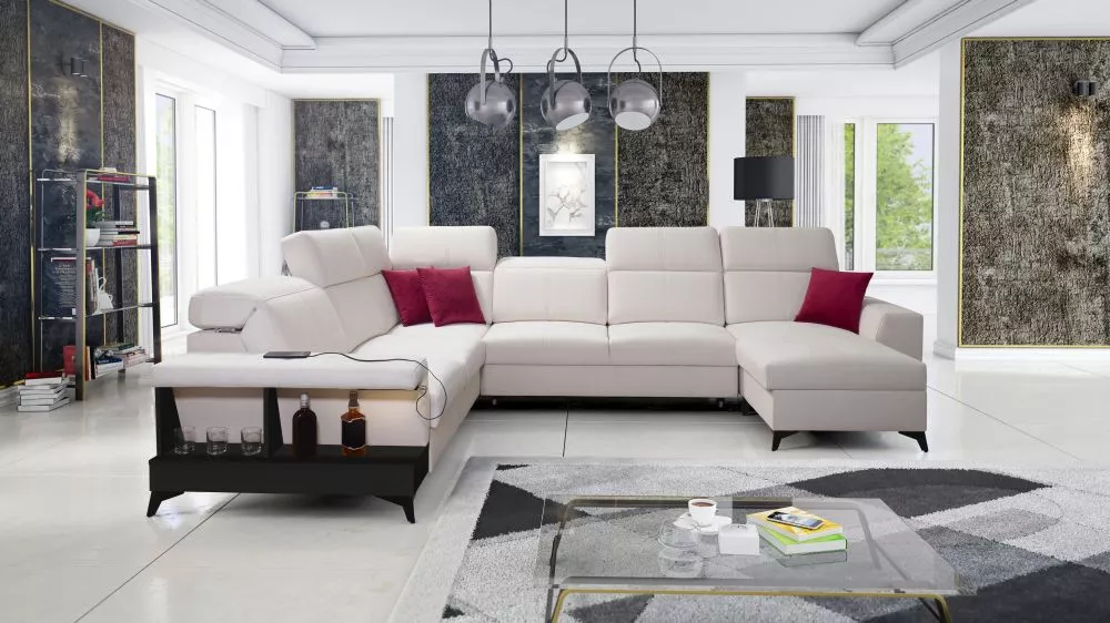Dīvāns Belutti 8 Satin Black Standard ar LED · Krēma · 288 × 362 × 84 cm