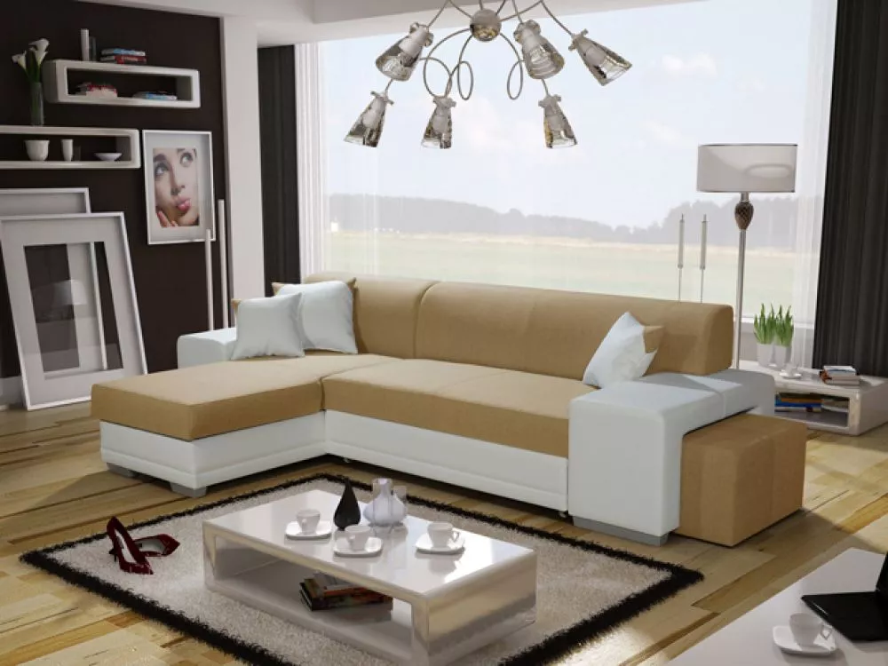 Dīvāns Vera Twin + Puf Standard · Bēšs + balts · 160 × 302 × 73 cm