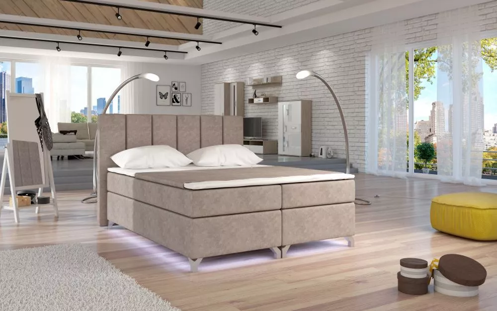 Gulta Basilio Boxspring Lux ar LED standard Guļamvietas platums: 180 cm, Guļamvietas garums: 200 cm, · Bēšs · 195 × 205 