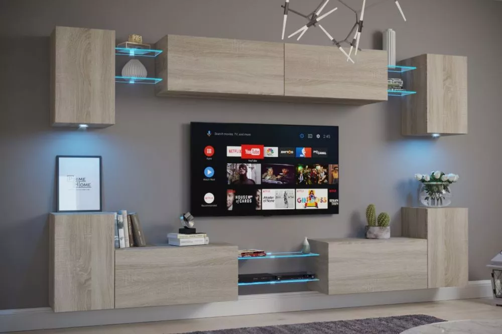 Sekcija Nairobi C1 ar LED · Ozols sonoma · 307,6 × 35 × 180 cm