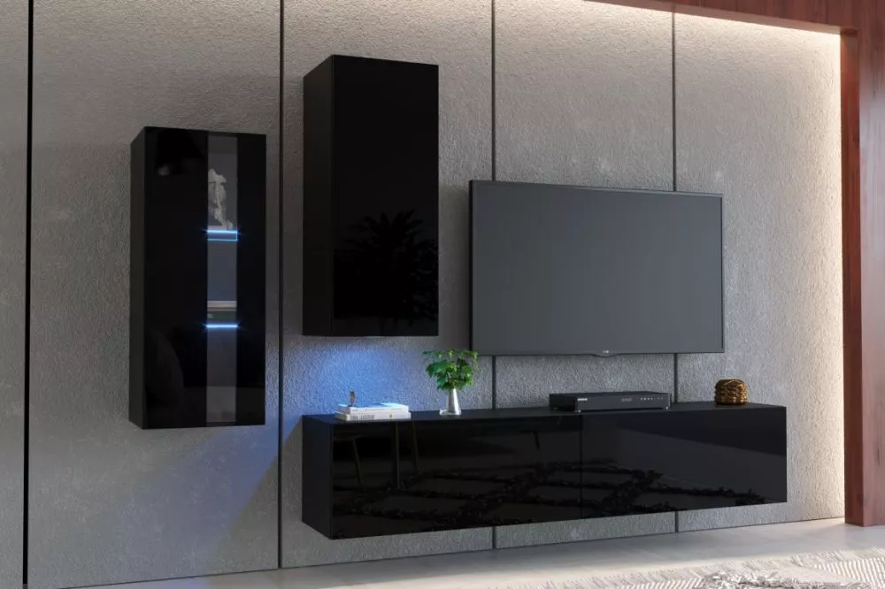 Sekcija Exclusive 9 gloss ar LED · Melns · 218 × 35 × 158 cm