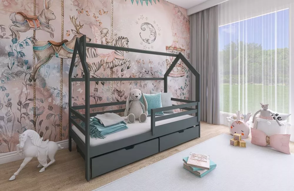 Bērnu gulta Lila ar stelāžu Guļamvietas platums: 80 cm, Guļamvietas garums: 200 cm, · Grafīts · 86 × 204 × 148 cm