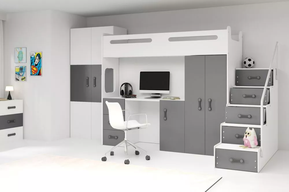 Bērnu gulta Max 4 ar stelāžu Guļamvietas platums: 80 cm, Guļamvietas garums: 200 cm, · 151.5 × 258 × 180 cm
