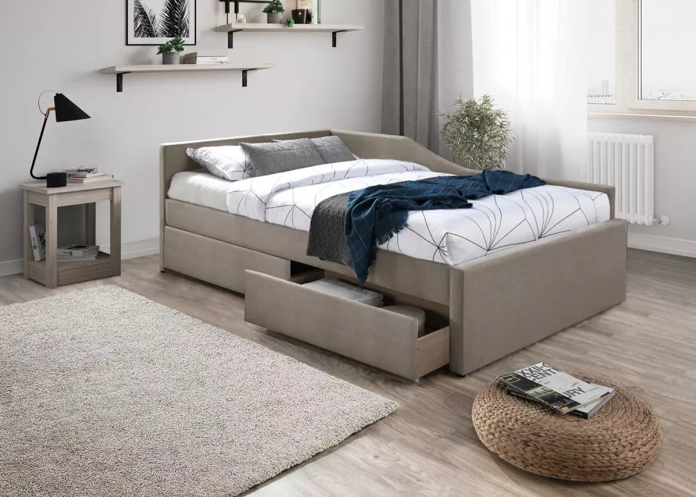 Gulta Eliot Velvet 120x200 ar stelāžu Guļamvietas platums: 120 cm, Guļamvietas garums: 200 cm, · Tumši bēšs · 128 × 213 