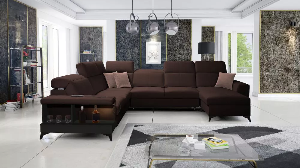 Dīvāns Belutti 8 Satin Black Standard ar LED · Tumši brūns · 288 × 362 × 84 cm