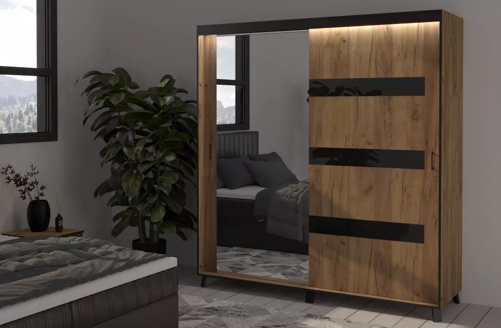 Skapis Tova ar LED · Ozols craft zelts · 200 × 61 × 215 cm