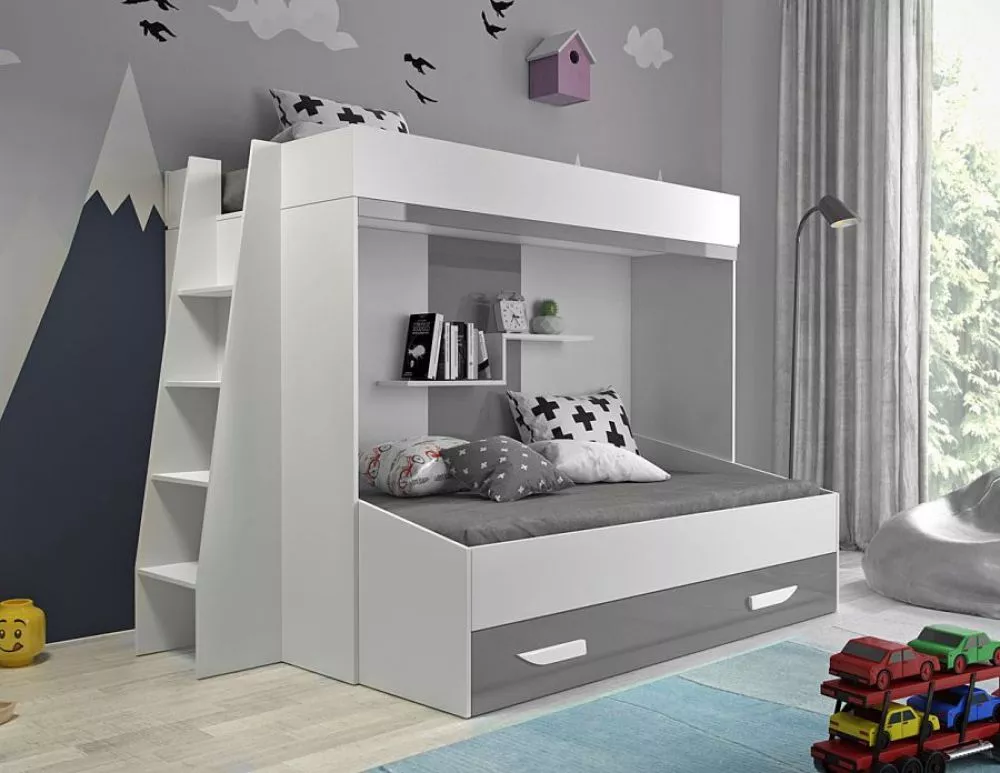 Bērnu gulta Party 17 ar stelāžām Guļamvietas platums: 90 cm, Guļamvietas garums: 200 cm, · 135 × 230 × 165 cm