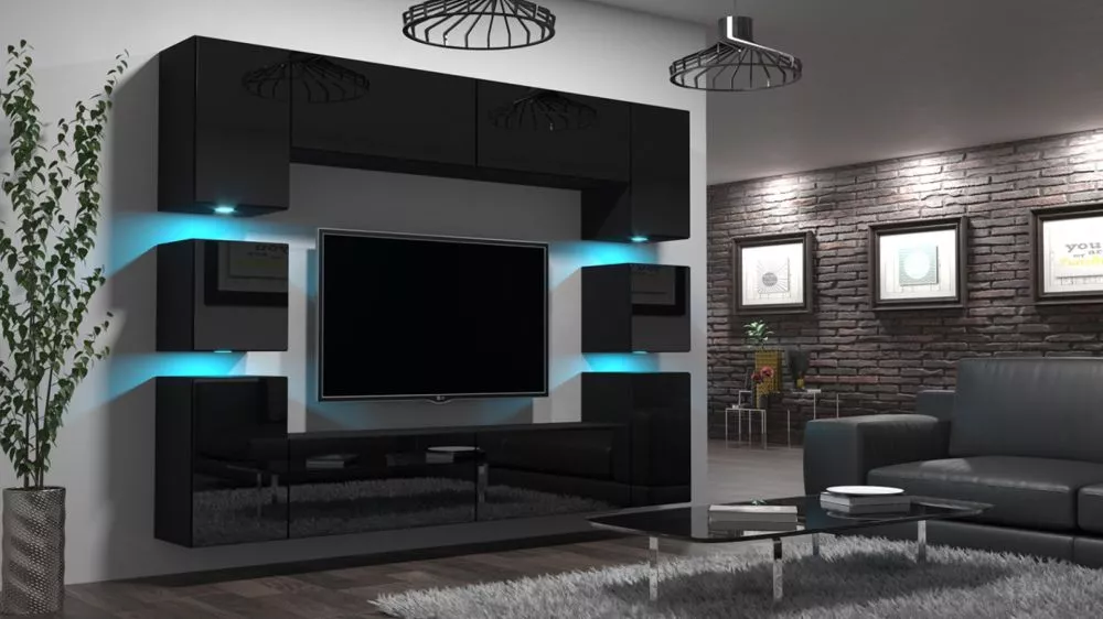 Sekcija Next 35 gloss ar LED · Melna · 240 × 35 × 205 cm