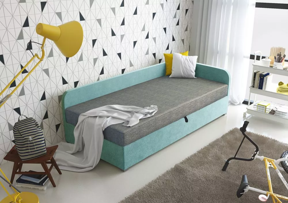 Bērnu gulta Uno Boxspring Standard Puse: kreisā, Guļamvietas platums: 90 cm, Guļamvietas garums: 200 cm, · Pelēks + gaiš