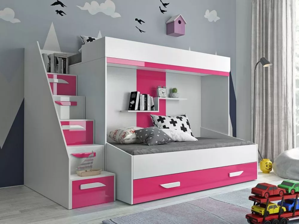 Bērnu gulta Party 16 ar stelāžām Guļamvietas platums: 90 cm, Guļamvietas garums: 200 cm, · 135 × 247 × 165 cm