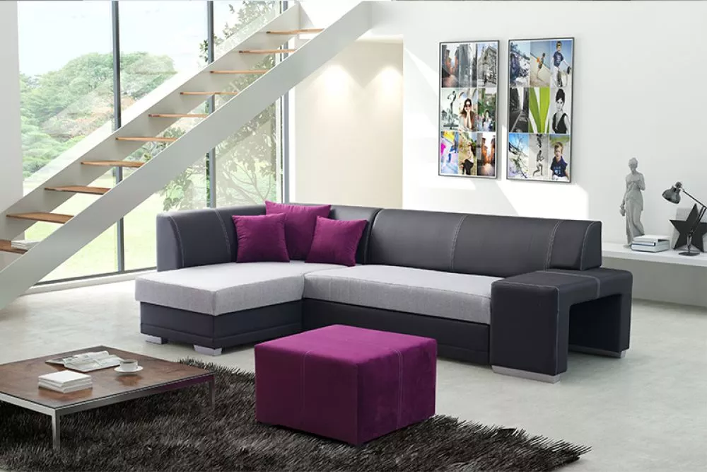 Dīvāns Vera Standard ar pufu · Pelēks + melns · 163 × 283 × 73 cm