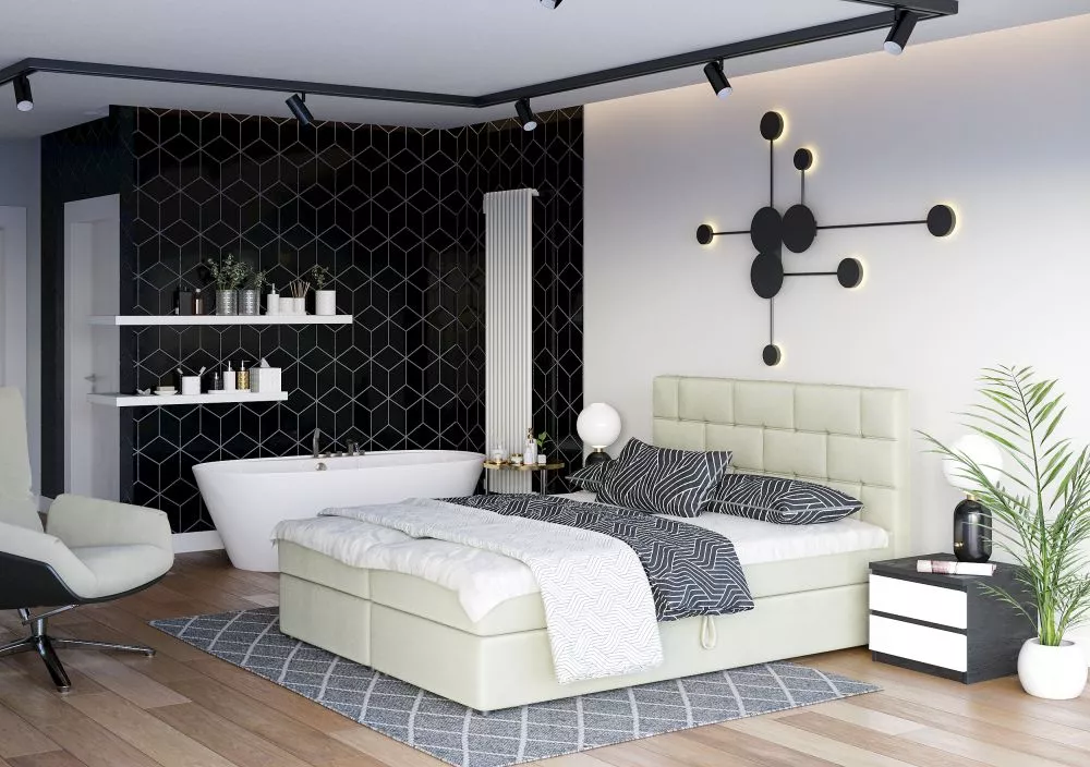 Gulta Wall Boxspring Standard Guļamvietas platums: 160 cm, Guļamvietas garums: 200 cm, · Krēma · 165 × 208 × 106 cm