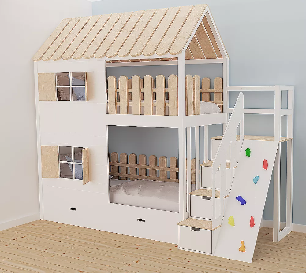 Bērnu gulta 101P+S ar stelāžām Kāpņu puse: Pa labi, Guļamvietas platums: 90 cm, Guļamvietas garums: 200 cm, · 118 × 287 