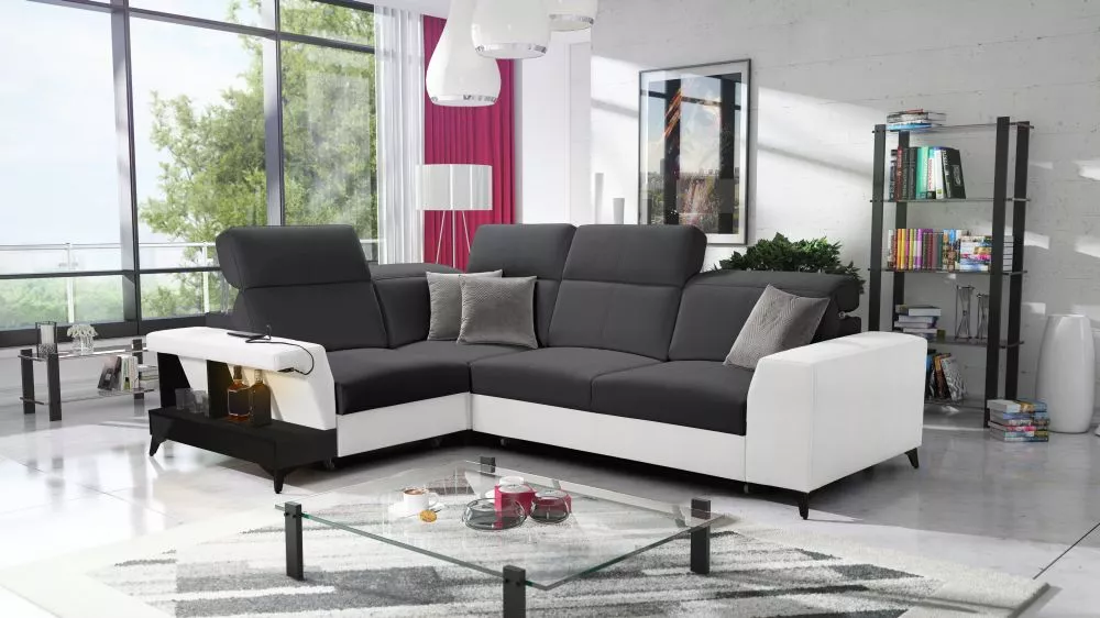 Dīvāns Belutti 2 Satin Black Standard ar LED · Grafīts + balts · 212 × 288 × 84 cm