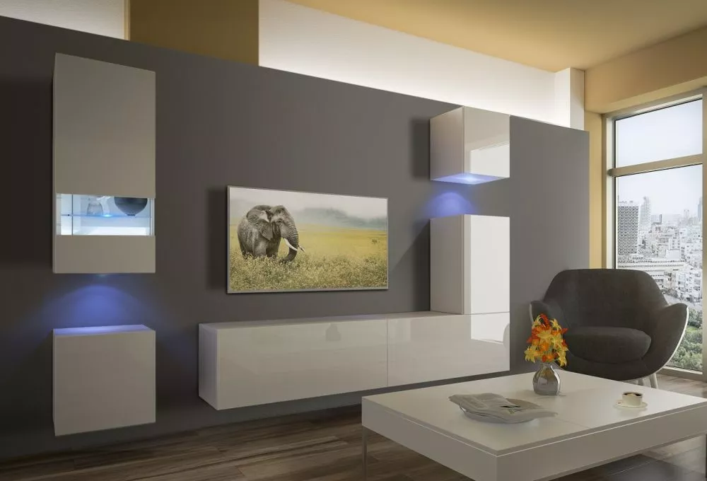 Sekcija Next 19 gloss ar LED · Balts · 256 × 35 × 194 cm