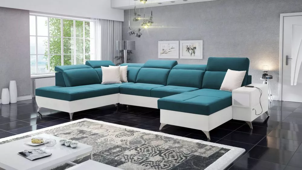 Dīvāns Deus 6 Premium Standard · Tirkīzs + balts · 224 × 364 × 83 cm