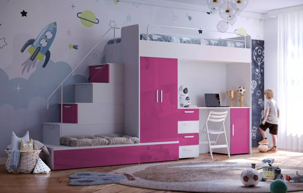 Bērnu gulta Raj 5 W gloss ar stelāžu Guļamvietas platums: 80 cm, Guļamvietas garums: 200 cm, · 85 × 324 × 180 cm