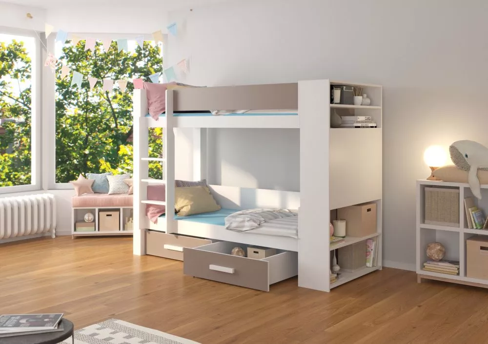 Gulta Garet ar stelāžam Guļamvietas platums: 80 cm, Korpusa krāsa: balts, Guļamvietas garums: 180 cm, stelāžas tips: kok