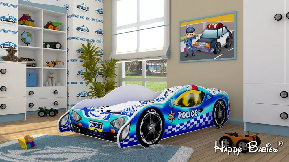 Bērnu gulta Auto Policja ar stelāžu Guļamvietas platums: 80 cm, Guļamvietas garums: 160 cm, · Zils · 84 × 180 × 51 cm
