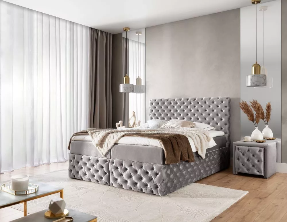 Gulta Castel Boxspring Standard Guļamvietas platums: 160 cm, Guļamvietas garums: 200 cm, · Sudrabs · 167 × 217 × 121 cm