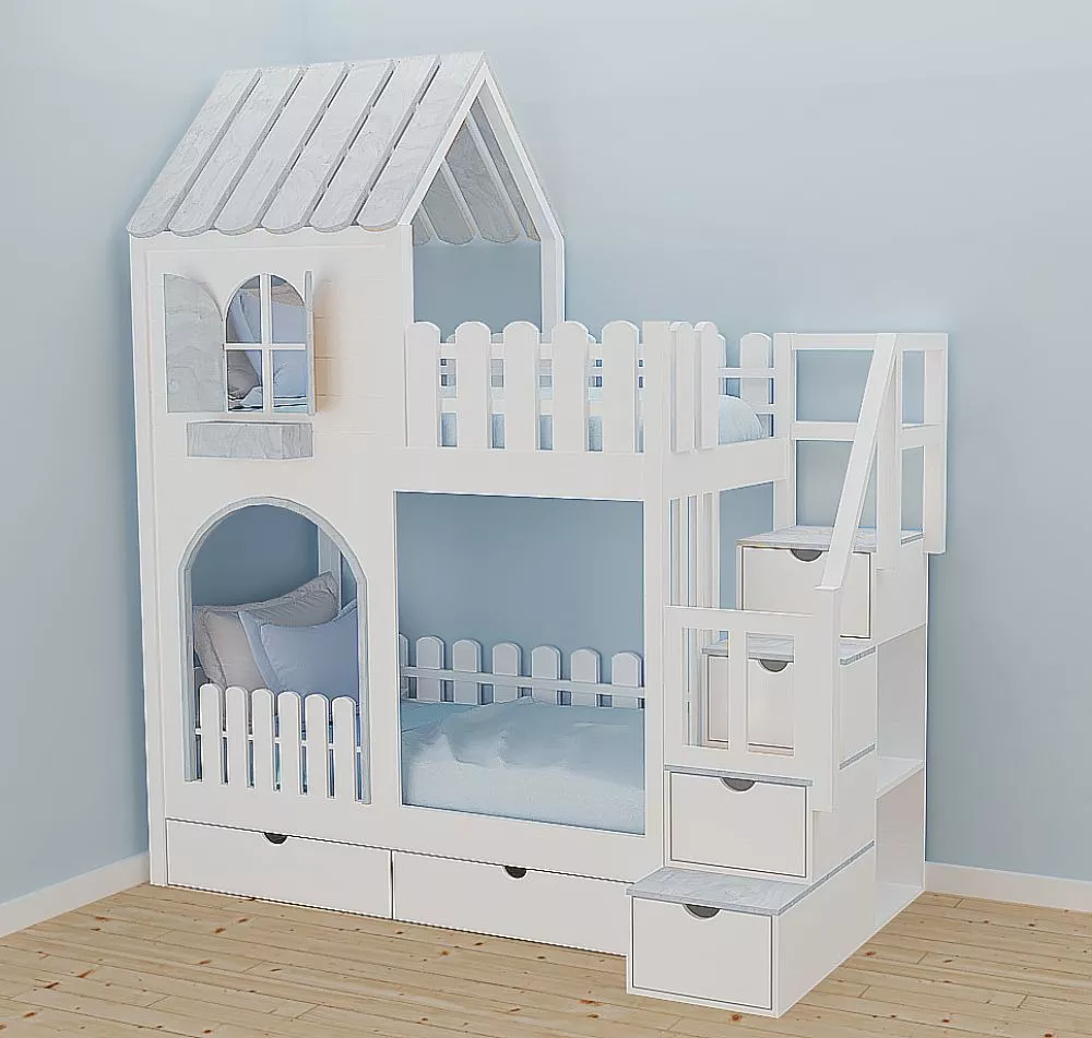 Bērnu gulta ID 114P ar stelāžām Kāpņu puse: Pa labi, Guļamvietas platums: 80 cm, Guļamvietas garums: 160 cm, · 112 × 212
