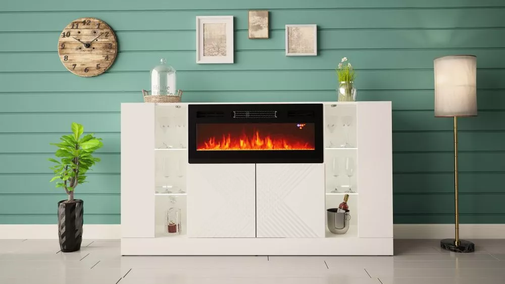 Kumode Arragis 160 LED ar kamīnu · Balts · 160 × 35 × 90 cm