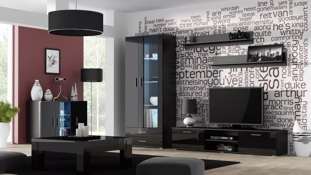 Sekcija Soho 9 ar LED · Melna · 380 × 43 × 192 cm