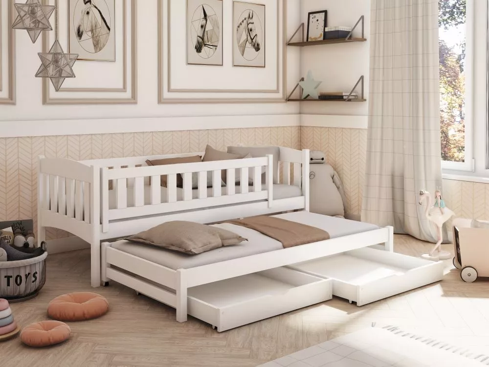 Bērnu gulta Amelka ar stelāžam Guļamvietas platums: 90 cm, Guļamvietas garums: 190 cm, · Balts · 97 × 198 × 75 cm