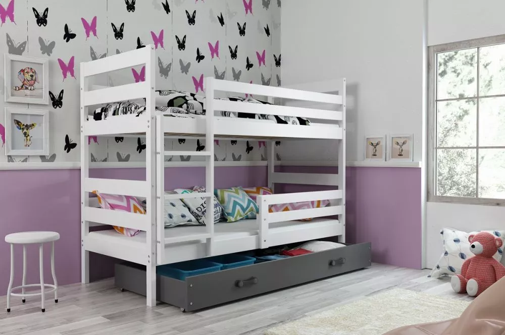 Bērnu gulta Eryk Bunk White 90x200 ar stelāžām Guļamvietas platums: 90 cm, Guļamvietas garums: 200 cm, · 97 × 206 × 154 