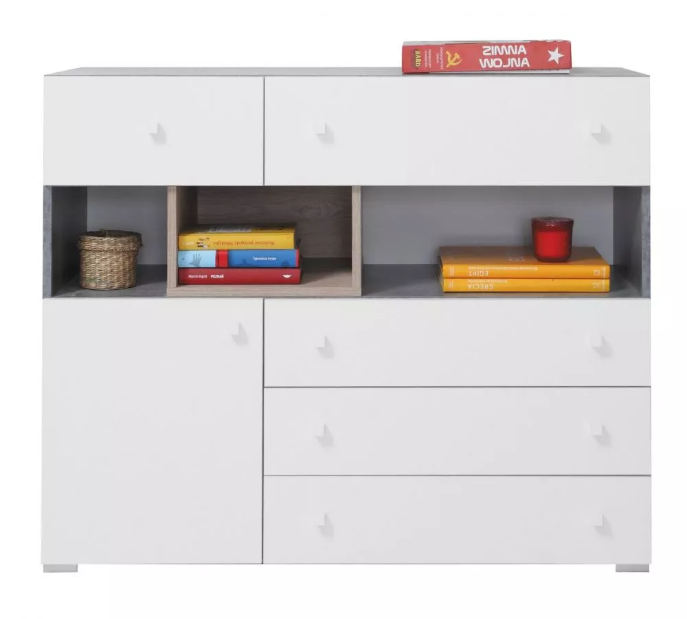 Kumode Sigma SI12 · Betons + balts + ozols · 110 × 40 × 90 cm