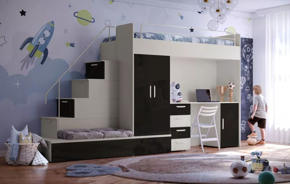 Bērnu gulta Raj 5 C gloss ar stelāžu Guļamvietas platums: 80 cm, Guļamvietas garums: 200 cm, · 85 × 324 × 180 cm