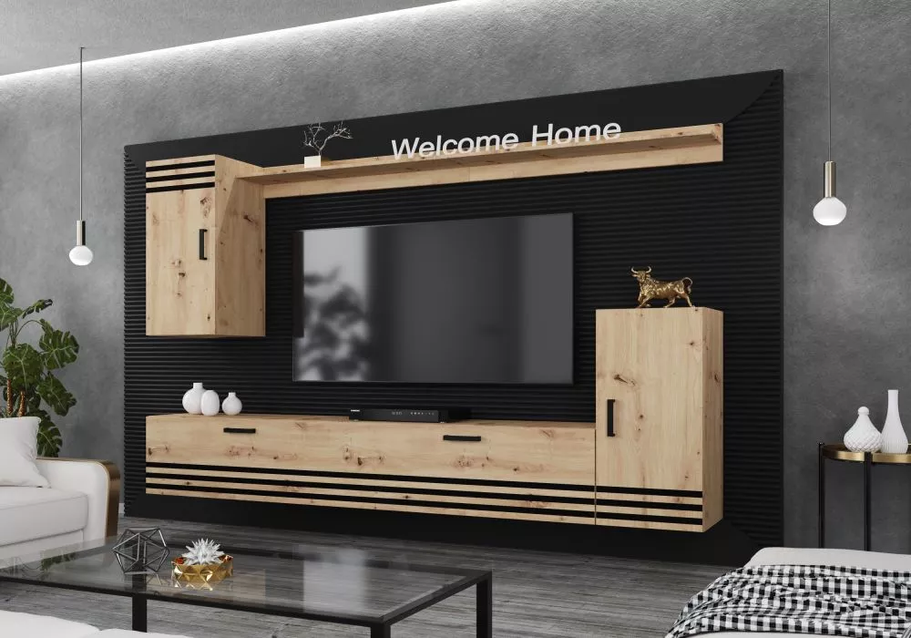 Sekcija Salto 2 ar LED · Ozols artisan · 237 × 35 × 183 cm