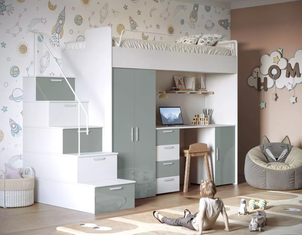 Bērnu gulta Raj 4 Gloss ar stelāžu Guļamvietas platums: 80 cm, Guļamvietas garums: 200 cm, · 120 × 254 × 180 cm