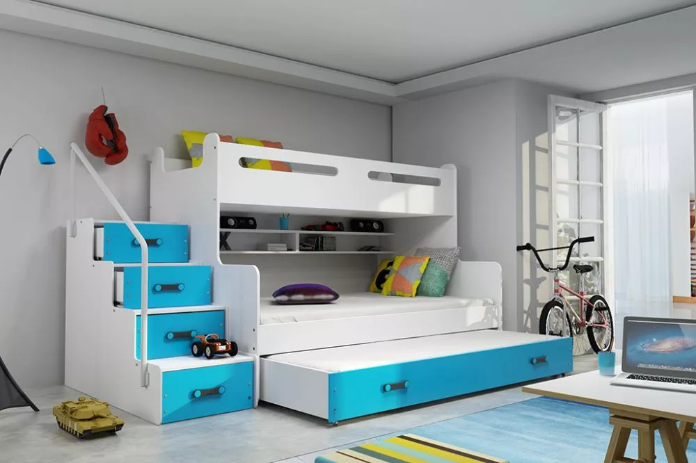 Bērnu gulta Max 3 Premium ar stelāžām Guļamvietas platums: 120 cm, Guļamvietas garums: 200 cm, · 124 × 258 × 145 cm