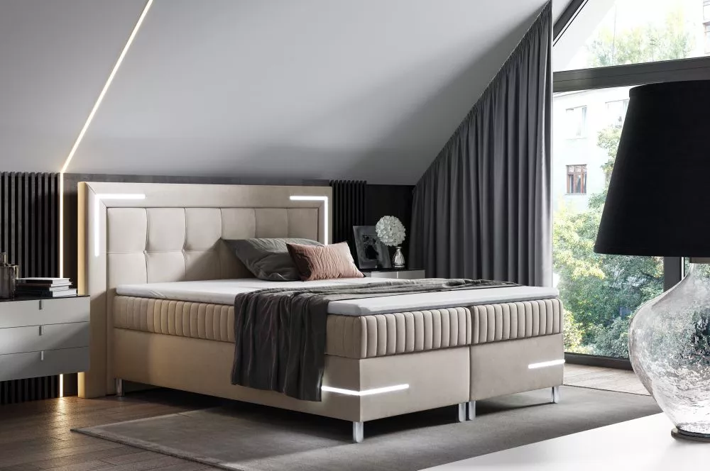 Gulta Tango 1 Boxspring Standard ar LED Guļamvietas platums: 160 cm, Guļamvietas garums: 200 cm, · Bēšs · 192 × 211 × 11