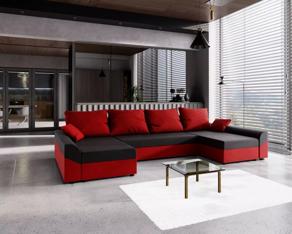 Dīvāns Denver U standard · Melns + sarkans · 139 × 321 × 80 cm
