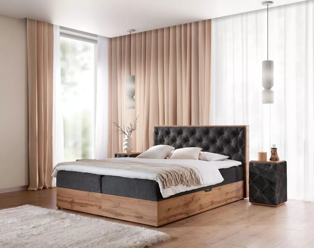 Gulta Wood-10 Boxspring Standard Guļamvietas platums: 160 cm, Guļamvietas garums: 200 cm, · Melns · 169 × 210 × 105 cm
